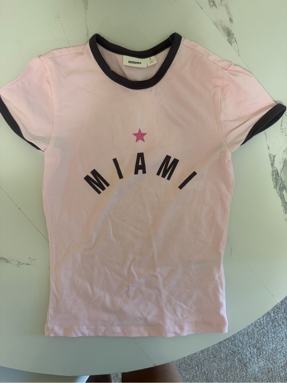 Bershka Pink Short-Sleeve 'MIAMI' Tee with Black Trim